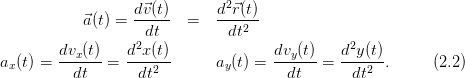                    d⃗v(t)      d2⃗r(t)
            ⃗a(t) = -----  =   ------
                    dt         dt2
        dvx-(t)    d2x(t)              dvy(t)   d2y(t)
ax (t) =   dt   =   dt2        ay(t) =   dt  =   dt2  .      (2.2)
